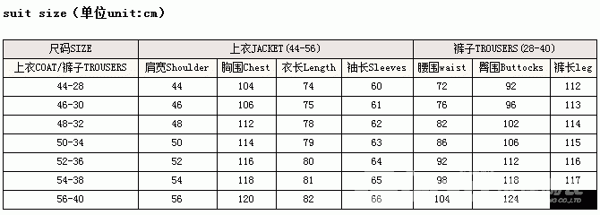 北京普特圣美西裝尺碼對(duì)應(yīng)表